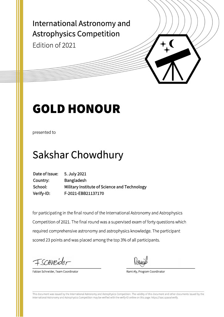 Gold Honour in International Astronomy and Astrophysics Competition -2021
